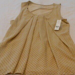 Sleeveless Blouse.  Tan with Black Polka Dots.  Sz. Med.  Cotton blend w/Chiffon